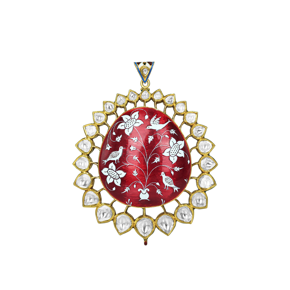 Red Enamel Pendant with Polki and Floral Bird Motifs